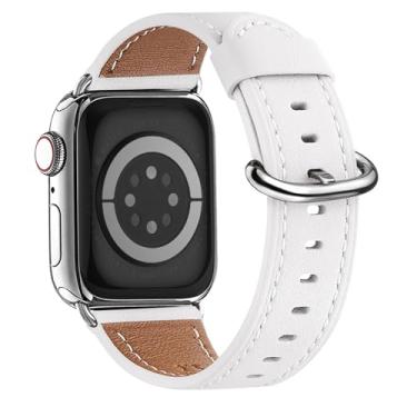 Imagem de Pulseira WFEAGL de couro genuíno para Apple Watch séries SE, 7, 6, 5, 4, 3, 2 e 1 e 1 de 45 mm, 44 mm e 42 mm (branco + prata)