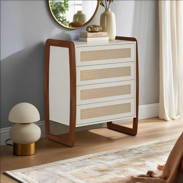 Imagem de Cômoda Com Rattan 4 Gavetas 6028 Nude Laca Com Pés Castanho Envelhecido