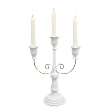 Imagem de Castiçal de metal de 3 braços de metal dourado vintage moderno decorativo centro de mesa castiçal para mesa casamento festa de Natal Halloween (1, branco)