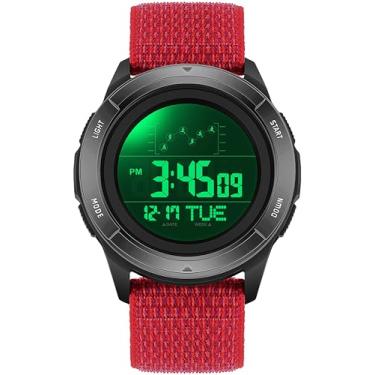 Imagem de Relógio digital masculino com pulseira de nylon, vermelho, esportivo, relógio de pulso para homens e mulheres com contagem regressiva de LED, dia, data, horário duplo, alarme, cronômetro, Vermelho