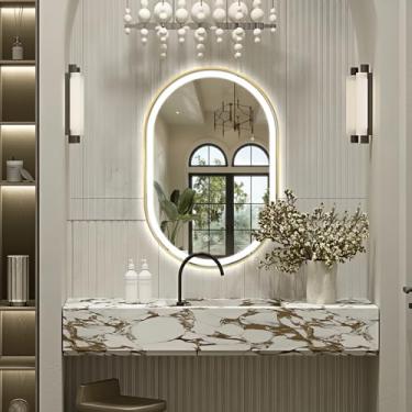 Imagem de Niccy Espelho oval de LED para banheiro, 40 x 24 espelhos retroiluminados com luz antiembaçamento, à prova de estilhaçamento, 3 cores, espelho de maquiagem com moldura dourada antiga (horizontal