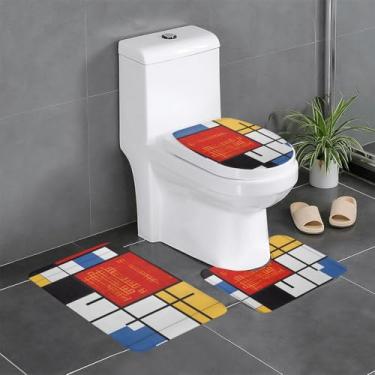 Imagem de ZERAOKE Composição em vermelho, amarelo, azul e preto - conjunto de tapetes de banheiro com estampa de 3 peças - tapetes de flanela antiderrapantes, almofada de vaso sanitário de secagem rápida e em