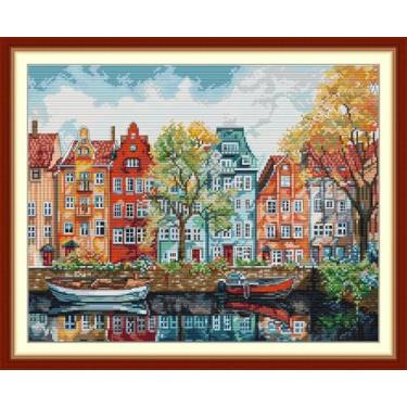 Imagem de CrossNest Kit de ponto cruz contado de 14 quilates para iniciantes, conjunto completo de bordado DIY não impresso com padrão e ferramentas, pano Aida premium e linhas (Copenhague)