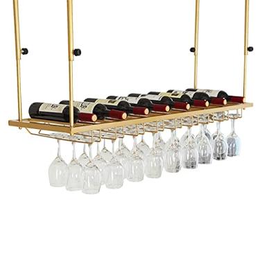 Imagem de APUM Prateleiras de vinho douradas de teto, altura ajustável, taças de metal, suporte de garrafa de vinho, prateleira de taça de vinho de ferro, para bares, cozinha, restaurante