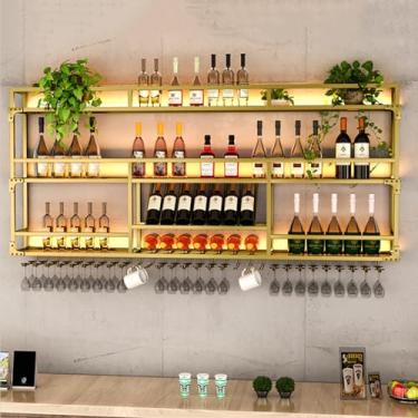 Imagem de GKPSSURV Rack de vinho moderno montado na parede com luz LED, prateleira de exibição de garrafa de licor suspensa de metal, prateleiras de armazenamento flutuantes para unidade de bar com suporte de