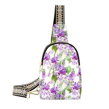 Imagem de CEBUGI Bolsa tiracolo feminina com flores roxas, bolsa tiracolo de couro, bolsa de peito para caminhadas, viagens ao ar livre