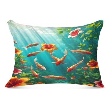 Imagem de Burbuja Fronha de hibisco de natação de peixe tamanho king 50,8 x 101,6 cm, capa de almofada de pelúcia ultramacia e aconchegante com zíper para pele de cabelo