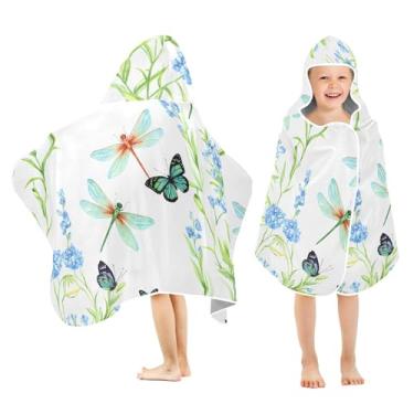 Imagem de Burbuja Toalha de banho com capuz de libélulas em aquarela para crianças, toalha de praia de pelúcia macia absorvente para meninas e meninos 3-10 anos, 61 x 127 cm
