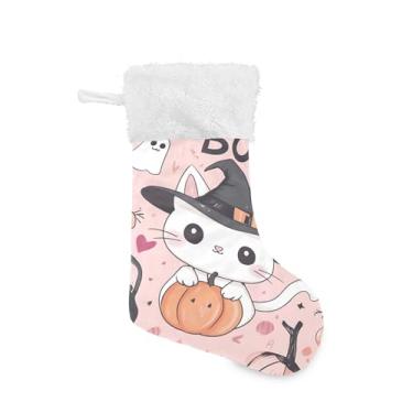 Imagem de xigua Meia de Natal de gato kawaii de Halloween grande para pendurar presente de Natal para decoração de festa de férias em família, decoração de lareira