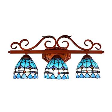 Imagem de Espelho de banheiro estilo Tiffany com iluminação frontal, vitral mediterrâneo, luminária de parede barroca com 3 lâmpadas para maquiagem, ideal para quarto e corredor, azul.