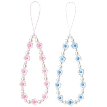 Imagem de Yajuo 2 peças de pulseira de telefone com contas rosa azul flor pingente de telefone pulseira câmera pulseira de pulso bonito acessórios para celular berloque chaveiro de celular cordão para mulheres