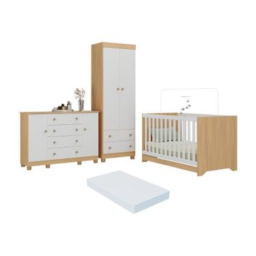 Imagem de Quarto De Bebê Completo Berço Americano 3 Em 1 Colchão Allegra Multimóveis MP4610 Madeirado-branco