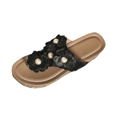 Imagem de Pantufas femininas de salto plataforma de flor para uso casual e versátil primavera verão moda lazer ao ar livre sem caixa de sapatos, Preto, 39
