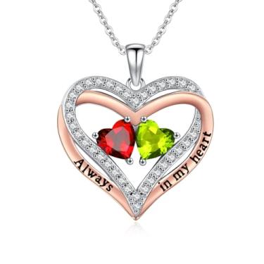 Imagem de Colar de coração feminino, banhado a ouro rosa 14K, pingente de coração duplo sobreposto, presente de aniversário de aniversário para esposa, mãe e filha, joia com pedra de nascimento duplo com