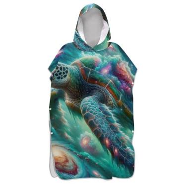 Imagem de TSENQUE Roupão de mudança de poncho de surfe para adultos toalhas de banho com capuz absorventes para mulheres tartaruga marinha galáxia colorida