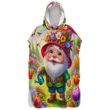 Imagem de Joisal Roupão de mudança de gnomo de primavera para adultos, poncho de surfe, reutilizável, masculino, feminino, poncho com capuz, toalha de banho