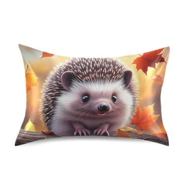 Imagem de Lindo desenho animado ouriço folha de outono fronhas de cetim fofas personalizadas resfriamento king queen padrão fronhas fronhas extra macias tamanho padrão 66 cm x 50 cm