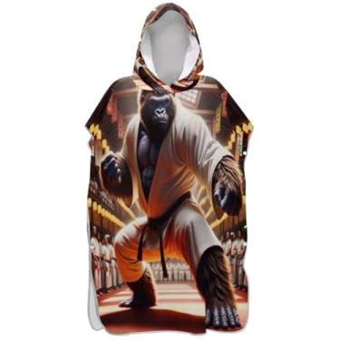 Imagem de Joisal Gorilla Karate Engraçado Surf Poncho Trocador Roupão para Adultos Toalha de Natação com Capuz Bonito Leve Unissex Adulto Poncho com Capuz