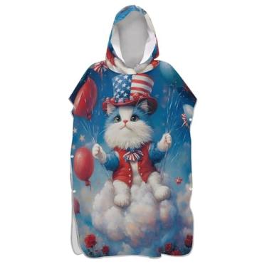 Imagem de TSENQUE Roupão reutilizável para troca de poncho de surfe para adultos toalhas de banho com capuz gato bandeira americana bonito ponchos femininos com capuz