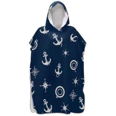 Imagem de Joisal Roupão de mudança de poncho de surfe para adultos toalhas de banho com capuz de secagem rápida ponchos adultos para mulheres âncoras brancas azul marinho