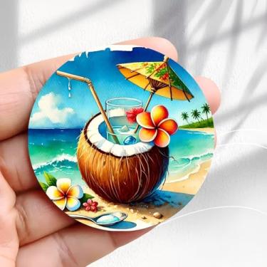 Imagem de Ímã de geladeira vintage coquetel de coco na praia com design de palmeiras -5,8 cm adesivo de geladeira redondo acrílico decoração retrô presente tamanho perfeito para geladeira, armário ou qualquer