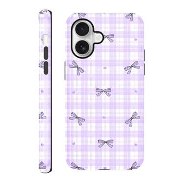Imagem de FBHGLOA Capa para iPhone 16 de 6,1 polegadas moderna com laço roxo xadrez, capa protetora de policarbonato rígido e TPU macio à prova de choque para mulheres e meninas