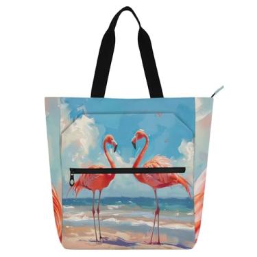 Imagem de GAIGEO Bolsa feminina Flamingos Sunny Beach para trabalho, lona, praia, livros, zíper, bolsas para professores, amantes de livros