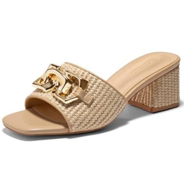 Imagem de Coutgo Sandálias femininas Raffia Slide Salto bloco bloco quadrado aberto corrente de metal slip on Mules sapatos elegantes, Caqui, 35