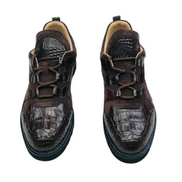 Imagem de Tênis masculino autêntico de couro de crocodilo genuíno preto marrom cano médio couro de jacaré exótico masculino com cadarço, Marrom, 38
