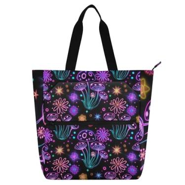 Imagem de GAIGEO Sacola de trabalho preta de cogumelos coloridos neon para mulheres, bolsa escolar de lona com zíper, bolsas para professores, amantes de livros