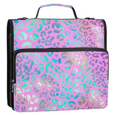 Imagem de 3 fichários para fichários de 3,8 cm, anel D pastel de leopardo com zíper rosa, fichário organizador com alça de ombro para viagens escolares, vários bolsos, pasta grande para portfólio