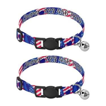 Imagem de Pacote com 2 pulseiras personalizadas de caveira com bandeira americana com nome e número de telefone, faixa de pescoço segura para cães e gatos pequenos, serve para pescoço de 27 a 43 cm