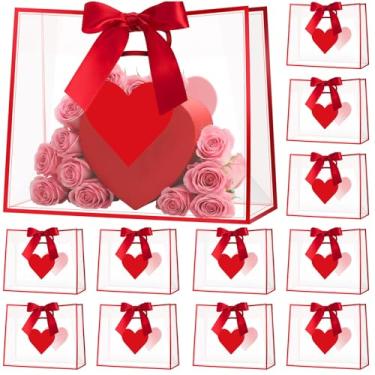 Imagem de Gilprop 12 unidades de sacos de presente transparentes de dia dos namorados com alças 30 x 24 x 13 cm, sacolas reutilizáveis com fita para festa dos namorados, dia das mães, aniversário, suprimentos