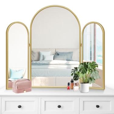 Imagem de Espelho de penteadeira triplo de 3 vias, espelho vintage arqueado dourado de 94 x 76 cm com moldura de metal, rotação de 360° para banheiro, penteadeira de quarto (maquiagem, trança de cabelo