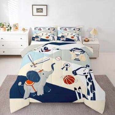 Imagem de jejeloiu Conjunto de edredom de animais esportivos para todas as estações, beisebol, basquete, 1 fronha, girafa, leão, elefante, microfibra infantil, roupa de cama geométrica, edredom macio