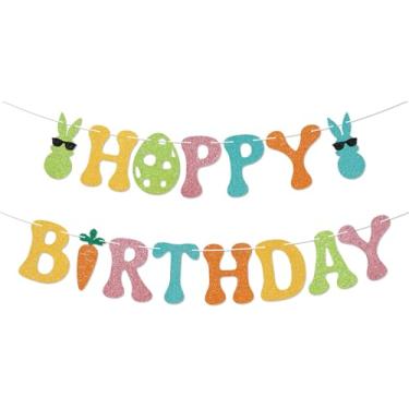 Imagem de Banner de aniversário Bunny Hoppy - Decoração de aniversário de coelho coelho, decorações de festa de feliz aniversário de primavera Páscoa