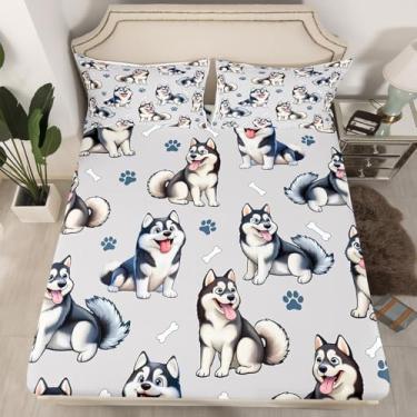 Imagem de Erosebridal Jogo de lençol solteiro com estampa de cachorro, lindo desenho animado, husky siberiano para amantes de cães, lençol com elástico, para meninos e meninas