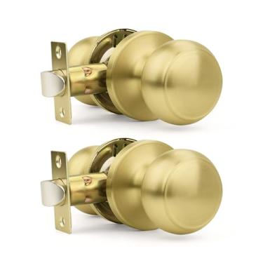 Imagem de Orger Pacote com 2 maçanetas de porta de passagem de latão escovado, maçanetas clássicas de cobre de forma redonda com design moderno sem chave para armário e corredores