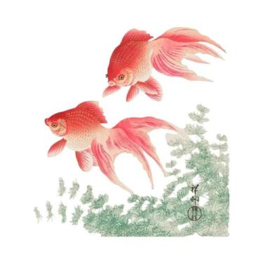 Imagem de Pintura Em Tela Vintage De Peixe Dourado, Lótus, Coruja E Grulla, Arte