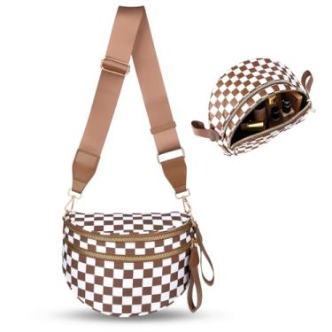 Imagem de Bolsas femininas transversais, bolsas transversais para mulheres com vários compartimentos e alças ajustáveis, leves e espaçosas bolsas transversais para viagens (xadrez marrom e branca) - sem