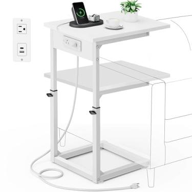 Imagem de Vagusicc Mesa de canto em forma de C com estação de carregamento, mesa lateral de 84 cm de altura para sofá, mesa lateral de altura ajustável, mesa de centro, bandeja de TV para sala de estar, branca