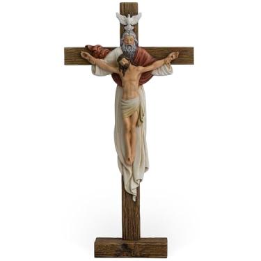 Imagem de Cruz em pé da Santíssima Trindade Católica BC, cruz de mesa de crucifixo de 30 cm de altura, decoração de casa inspiradora de Jesus Cristo, presente devoto, escultura renascentista pintada à mão por
