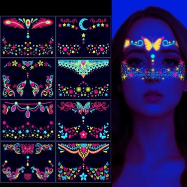 Imagem de Adesivos faciais de tatuagens temporárias que brilham no escuro, tatuagens temporárias falsas, maquiagem, borboleta, neon, floral, tatuagem, adesivos corporais, decorações para baile de máscaras