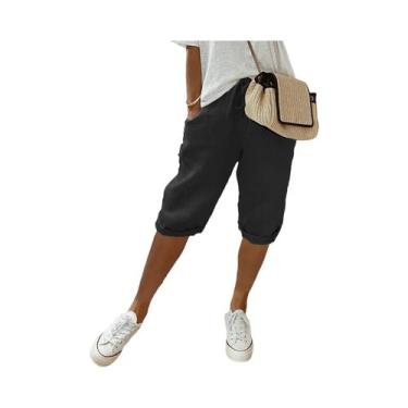 Imagem de Calças Casuais De Algodão E Linho Para Mulheres Com Bolsos E Elástico,