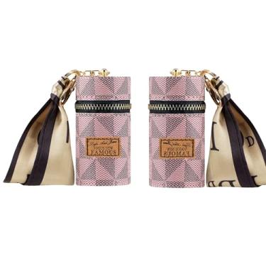 Imagem de Adorila Pacote com 2 porta-chaves de batom com pingente de cachecol, bolsa organizadora de couro vegano com brilho labial para bolsa (rosa)