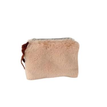 Imagem de Bolsa feminina de pelúcia, bloco de cores, mini bolsa de maquiagem, porta-cartões de inverno, bolsa de armazenamento portátil, Bege