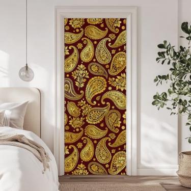 Imagem de arricraft 2 adesivos autoadesivos para porta, 80 cm x 199 cm, padrões florais indianos, motivos de plantas, paisley, dourados, adesivos de murais de porta, decoração de papel de parede removível em