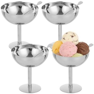 Imagem de COSYOO Conjunto de 4 tigelas de sorvete, tigelas de sobremesa de aço inoxidável, 240 ml, mini tigela redonda de iogurte para lanche a granel com garfo em forma de coração, conjunto de servir de metal