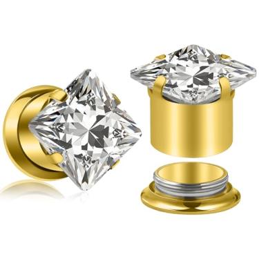 Imagem de Uqnwbdq 10G-00G Calibres quadrados CZ para orelha, aço cirúrgico 316L, acabamento espelhado, alargador, alargador, alargador, alargador, brincos internamente roscados, diamantes, para mulheres, homens