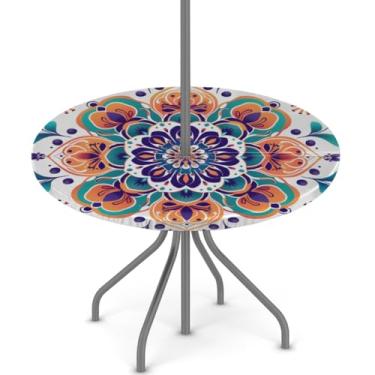Imagem de Pardick Toalha de mesa redonda para uso ao ar livre com furo de guarda-chuva de 91,4 a 111,8 cm, toalha de mesa elástica com zíper, mandala boêmia para uso ao ar livre, redonda, impermeável, toalha de